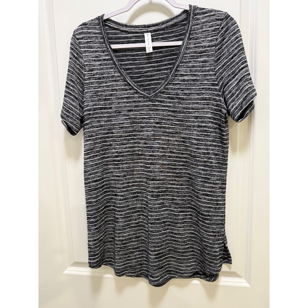 Athleta Breezy V-Neck Striped T-Shirt Heathered Grey White Short Sleeve Tall MT